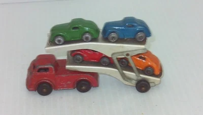 Camión tractor Barclay semi cabina con 4 autos con ruedas de metal y remolque de transporte automático Foto 1 de 4