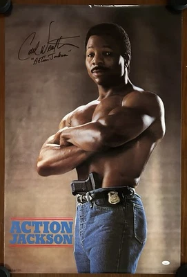 Carl Weathers ~ Póster Firmado Autografiado ACCIÓN JACKSON 24x36 Certificado de Autenticidad JSA Foto 1 de 2