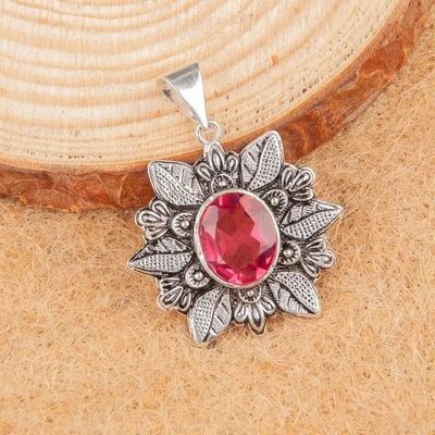 Colgante de joyería de plata de ley 925 hecha a mano con piedras preciosas de turmalina rosa regalo para Foto 1 de 3