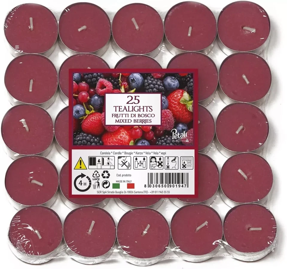 25 x Price's Scented Mixed Berries Tea Lights Candles 4 Hour Burn Time - Image 1 of 1