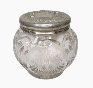 Hermoso tarro de polvo de vidrio prensado victoriano antiguo con tapa alrededor de 1900 - Imagen 1 de 5