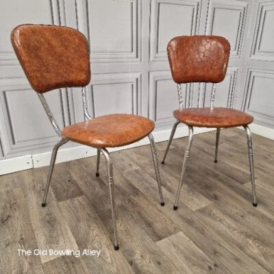 Pair Mid Century Chairs x2 Vintage French Chrome & Faux Brown Crocodile Leather - Image 1 of 4