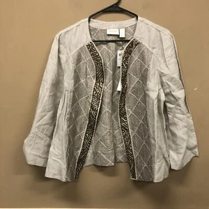 Chicos linen Embroidered open front jacket 12/14 NWT Chicos size 2 $149 - Picture 1 of 6