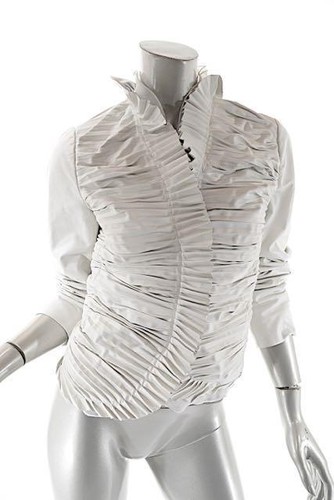 Giacca VALENTINO Anteriore Piegate Bianca 100% Pelle Chiffon Foderata Collare Orlo Taglia XS