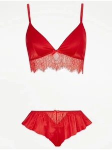 Bralet y braguitas recortadas rojo satinado bonito sedoso 12 pecho 38/39" caderas 39/41" - Imagen 1 de 3