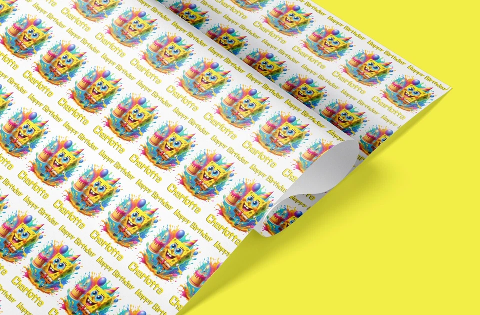SpongeBob Personalised Wrapping Paper - Custom Name Kids Birthday Gift Wrap UK - Image 1 of 3