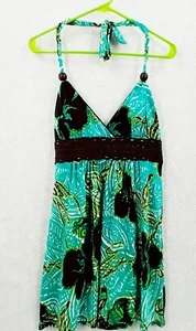 Sequin Hearts (S) Halter Mini Dress Tie-Neck Padded Bra Floral Print Lace Trim - Picture 1 of 7