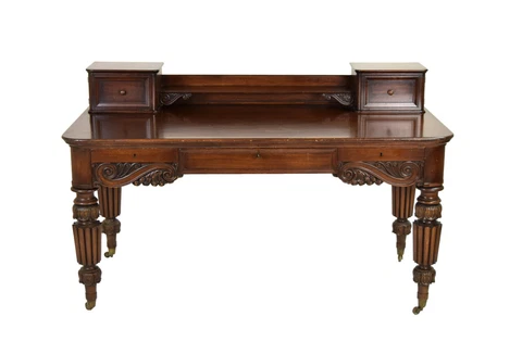 Antique Heavily Carved Mahogany Executive Desk w Cubbies Reeded Legs Cover