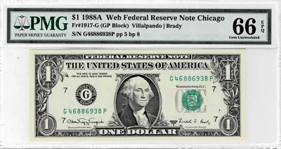 1988a $1 Federal Reserve 'WEB' Note- GP block--run 8 (combo 5/8) -PMG 66 EPQ - Image 1 of 4