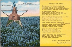 Postal de lino de Texas de la década de 1940 "TEXAS EN LA PRIMAVERA" poema gorros azules Capitolio del Estado - Imagen 1 de 2
