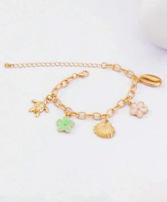 Pulsera dorada de acero inoxidable coloridas conchas de flores y dijes de playa Foto 1 de 2