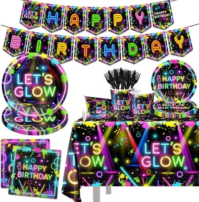 142Pcs Neon Glow Party Supplies Set with Plates, Cups, Tablecloth, Decorations - Image 1 of 4