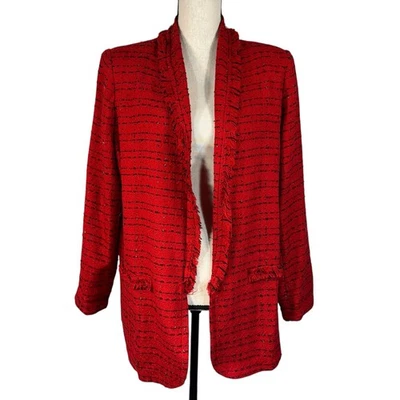 Worthington Large Tweed Blazer Jacket Open-Front Fringe Long Sleeve Lightweight - Image 1 of 4