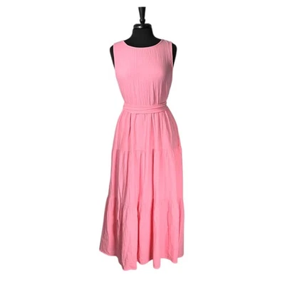 J.Crew Women’s Dress 14 Pink Cotton Gauze Belted Tiered Sleeveless Midi NWT - Image 1 of 4