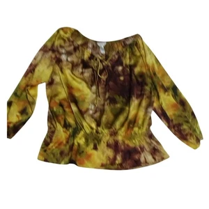 CJ Banks Women's 2X Peasant Blouse Autumn Leaf Print Tie Neck Stretchy Top - Picture 1 of 10