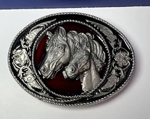Vintage 1991 Siskiyou Belt Co. Horse & Foal w/ Red Enamel Belt Buckle A-5 USA - Picture 1 of 6