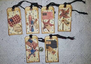 6~Primitive~July 4th~Patriotic~Fussy Cut~Linen Cardstock~Gift~Hang~Tags~Ornies - Picture 1 of 1
