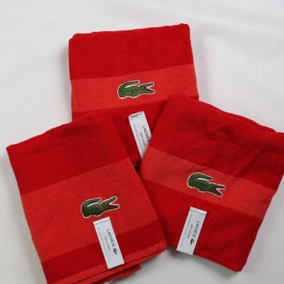 NWT-Set of 3 Solid Red Lacoste 30x52 Bath Towels with large Crocodile Logo - Image 1 of 4