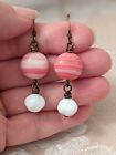 Ladies Czech Glass Beaded Earrings In Red & White W/Antique Brass Accents
