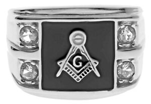 Masonic Mason Black Enamel Men's Ring 4 Cz Accents Stainless Steel Size 11 T37