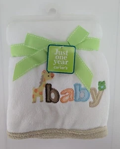 Carter's Just One Year Baby Blanket White Tan Trim Giraffe Frog Natural Gift New - Picture 1 of 7