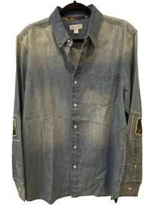 Sun + Stone Mens Blue Beige Embroidered Elbow Patch Collared Shirt Size Large - Picture 1 of 10