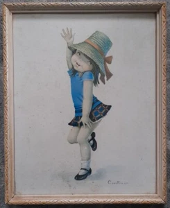 Seltener Vintage 1950er Constanza gerahmter Druck junges Mädchen mit Hut. - Bild 1 von 3