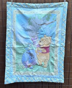 Vintage Winnie The Pooh Baby Crib Blanket Quilt Eeyore Piglet Plaid Pastel - Picture 1 of 2