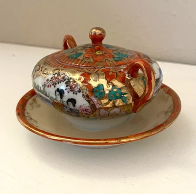 Antique Japanese Condiment Bowl Lid Under plate Spoon Hand Painted Made in Japan - Image 1 of 4