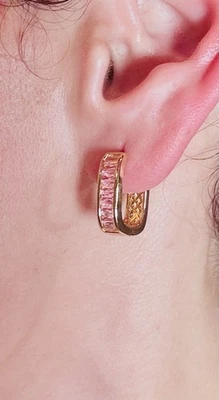 High Quality  CZ  Light Pink Medium Yellow Gold Filled Modern Hoop Earrings - Image 1 of 4