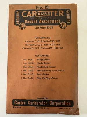NOVO Kit Vintage de Junta de Carburador Carter Nº. Caminhão Chevrolet 1937-40 COE 151 NOVO NA CAIXA - Imagem 1 de 2