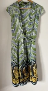 ADOLFO DOMINGUEZ GREEN BLUE SILK ABSTRACT PRINT WRAP DRESS Sz 40 EUC - Picture 1 of 18