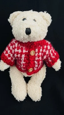 1998 Hugfun Int'l 8" Plush Beige Bear Jointed Winter Warm Red/White Sweater - Image 1 of 4