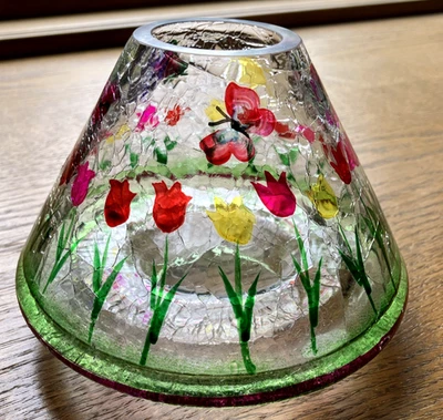 Yankee Candle Crackle Glass Shade Topper Globe Butterfly tulips Flowers - Image 1 of 4