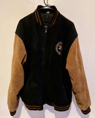 2002 盐湖城奥运会夹克男式 XL 黑色/棕色皮革轰炸机外套 — 第 1/4 张图片