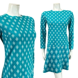 VTG 60S MOD GEOMETRIC BLUE WHITE DIAMOND DROPPED WAIST MINI DRESS 8 10 S - Picture 1 of 7