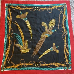 Vintage Square Scarf 45x45” Pheasant Bird Rope Red Teal Light Brown Gold - Picture 1 of 8