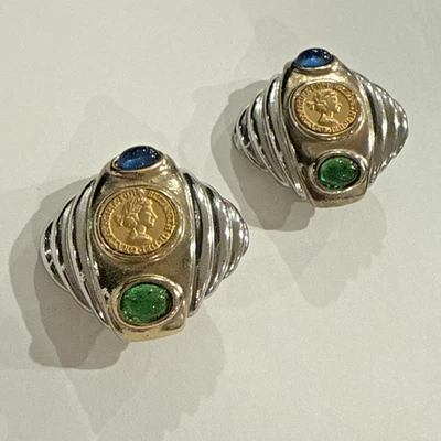 Винтажный костюм золотая монета мотив зажим на серьги серебристого тона Елизавета II драгоценный камень - Изображение 1 из 4