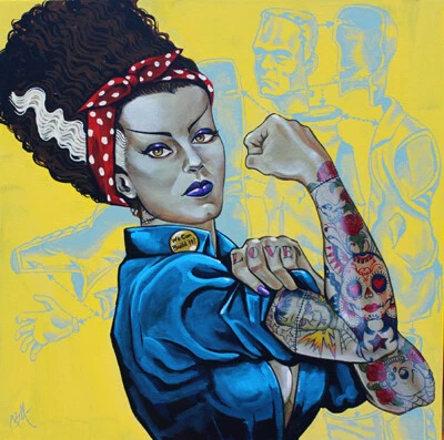 Arte em tela We Can Build It impressão giclée Mike Bell Frankenbride Rosie Riveter nova com etiquetas - Imagem 1 de 3