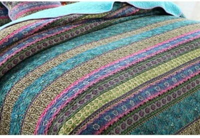 NEW! ~ BLUE TEAL AQUA PURPLE PINK GREEN TROPICAL SOUTHWEST GLOBAL BOHO QUILT SET - Image 1 of 4