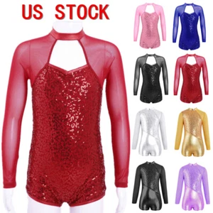 Girls Jumpsuit Sparkling Sequin Gymnastics Bodysuit Mesh Splice Dance Leotard - Picture 1 of 51