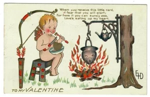 Vintage Ethel Dewees Valentine Postcard Cupid Eating Heart at Camp - Picture 1 of 2