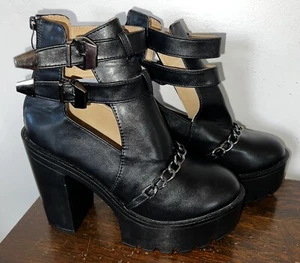 GDGYDH Black High Heel Platform Boots for Women Sz 10 Chain Chunky Heels Goth - Picture 1 of 9