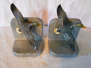 Individually Crafted Pewter Bookends with Mallard Ducks in Flight Cattails Water - Picture 1 of 7
