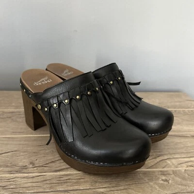 DANSKO Deni Women's Clogs Sz 40 9.5/10 Black Leather Stud Fringe Mule Shoes - Image 1 of 4