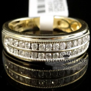 MENS 100% GENUINE DIAMOND 10K REAL YELLOW GOLD 2 ROW SOLITAIRE WEDDING BAND RING - Picture 1 of 12