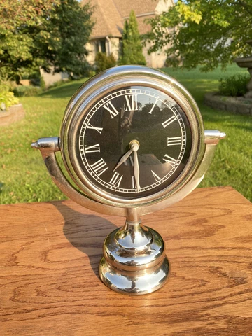 ~GORGEOUS~ Vintage Nickel Nautical SCHOONER DESK CLOCK - Keeps Good Time Cover