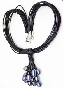 Fashion Women's Natural 10-11mm Black Freshwater Pearl Leather Necklace 17.5'' - Picture 1 of 6