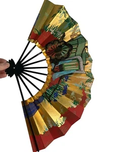 Abanico de baile plegable japonés antiguo original dorado vintage - Imagen 1 de 5