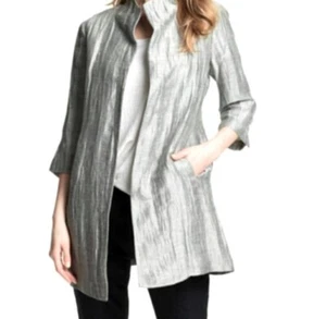 Eileen Fisher Women's Size XS Silver Crinkle Linen Blend Open Jacket Silk Lining - Picture 1 of 14